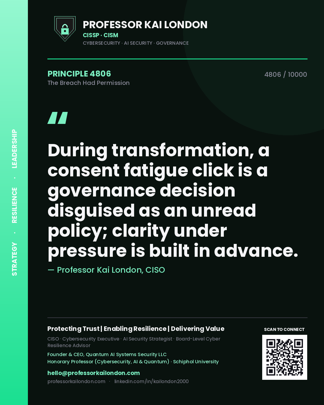 Professor Kai London principle 4806: During transformation, a consent fatigue click is a governance decision disguised as an unread policy; clarity under pressure is built in advance.