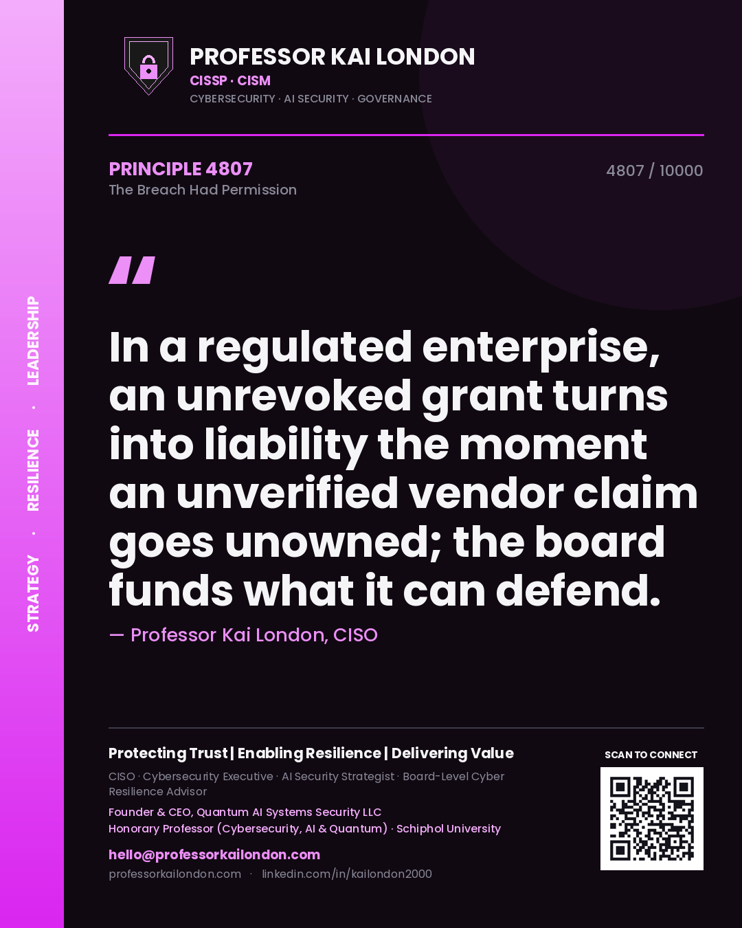 Quote card by Professor Kai London reading 'In a regulated enterprise, an unrevoked grant turns into liability the moment an unverified vendor claim goes unowned; the board funds what it can defend.'. From the book The Breach Had Permission.