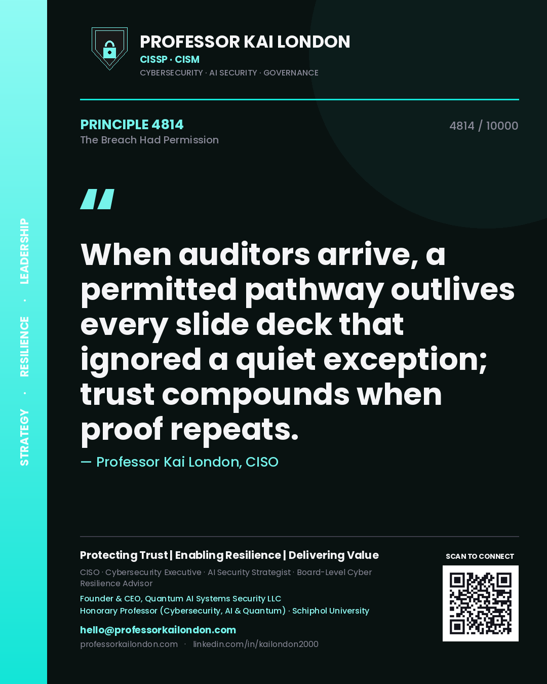 Quote card by Professor Kai London reading 'When auditors arrive, a permitted pathway outlives every slide deck that ignored a quiet exception; trust compounds when proof repeats.'. From the book The Breach Had Permission.