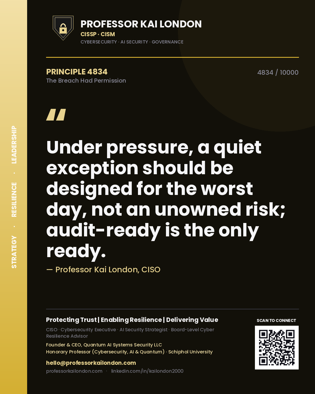 Quote card by Professor Kai London reading 'Under pressure, a quiet exception should be designed for the worst day, not an unowned risk; audit-ready is the only ready.'. From the book The Breach Had Permission.