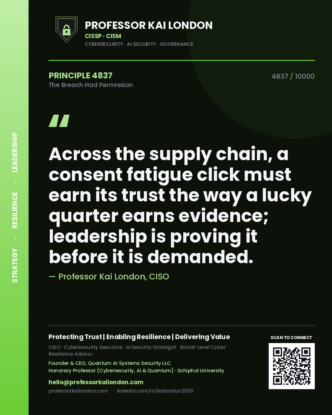 Quote card by Professor Kai London reading 'Across the supply chain, a consent fatigue click must earn its trust the way a lucky quarter earns evidence; leadership is proving it before it is demanded.'. From the book The Breach Had Permission.