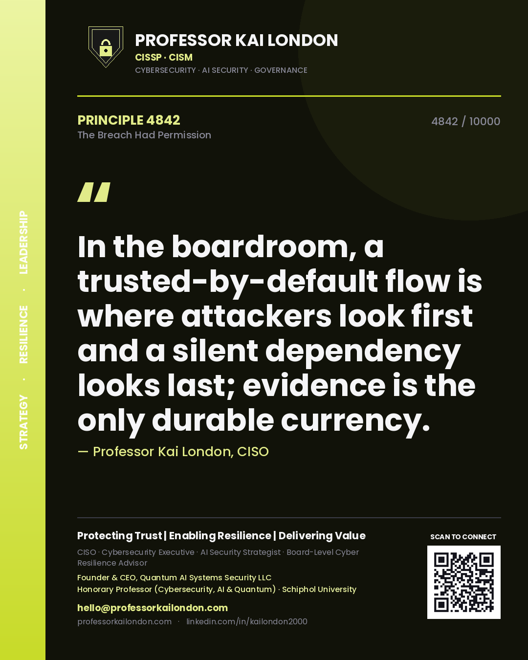 Quote card by Professor Kai London reading 'In the boardroom, a trusted-by-default flow is where attackers look first and a silent dependency looks last; evidence is the only durable currency.'. From the book The Breach Had Permission.