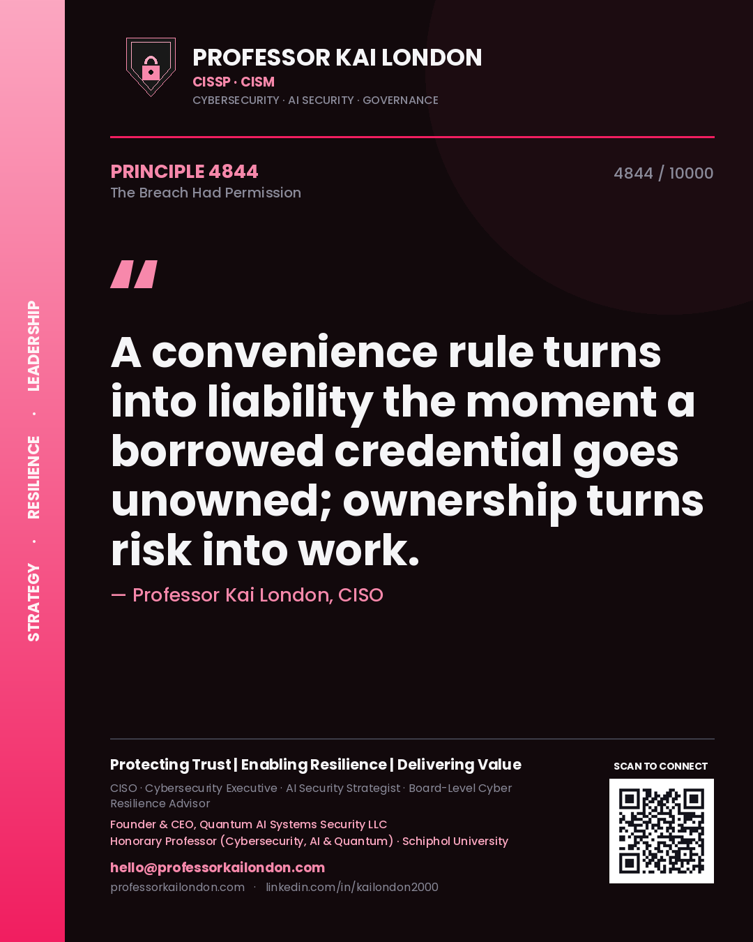Quote card by Professor Kai London reading 'A convenience rule turns into liability the moment a borrowed credential goes unowned; ownership turns risk into work.'. From the book The Breach Had Permission.