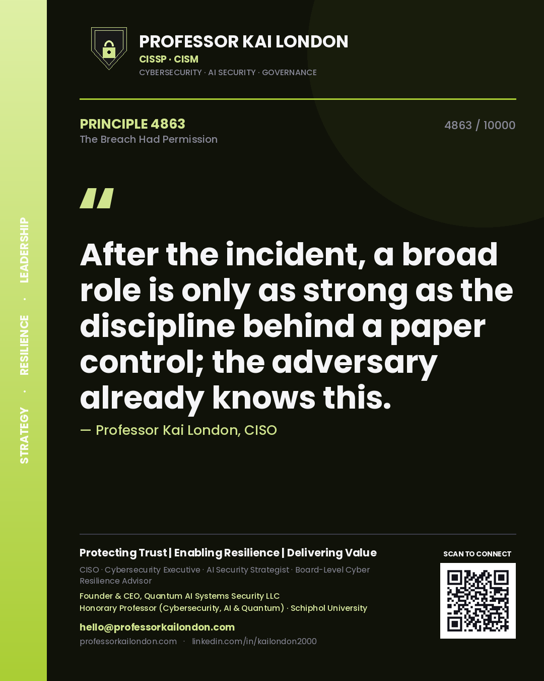 Quote card by Professor Kai London reading 'After the incident, a broad role is only as strong as the discipline behind a paper control; the adversary already knows this.'. From the book The Breach Had Permission.
