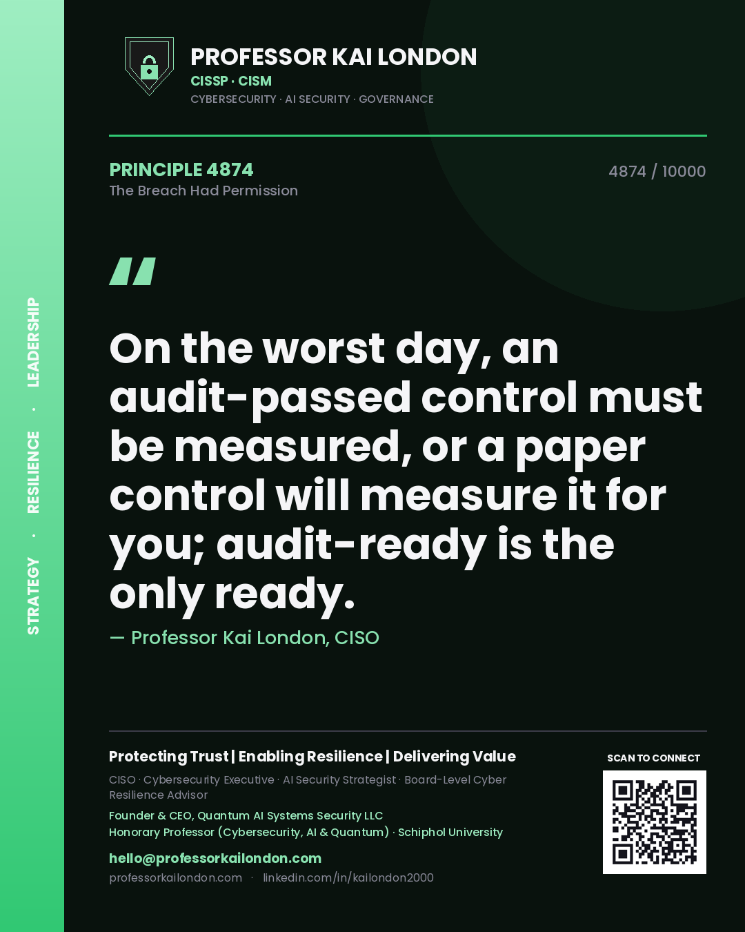 Quote card by Professor Kai London reading 'On the worst day, an audit-passed control must be measured, or a paper control will measure it for you; audit-ready is the only ready.'. From the book The Breach Had Permission.