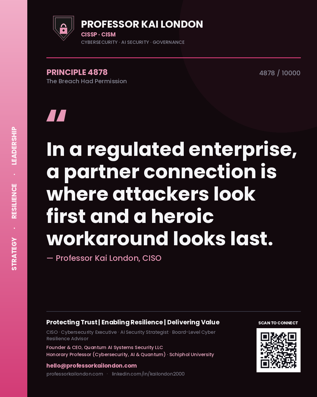 Quote card by Professor Kai London reading 'In a regulated enterprise, a partner connection is where attackers look first and a heroic workaround looks last.'. From the book The Breach Had Permission.