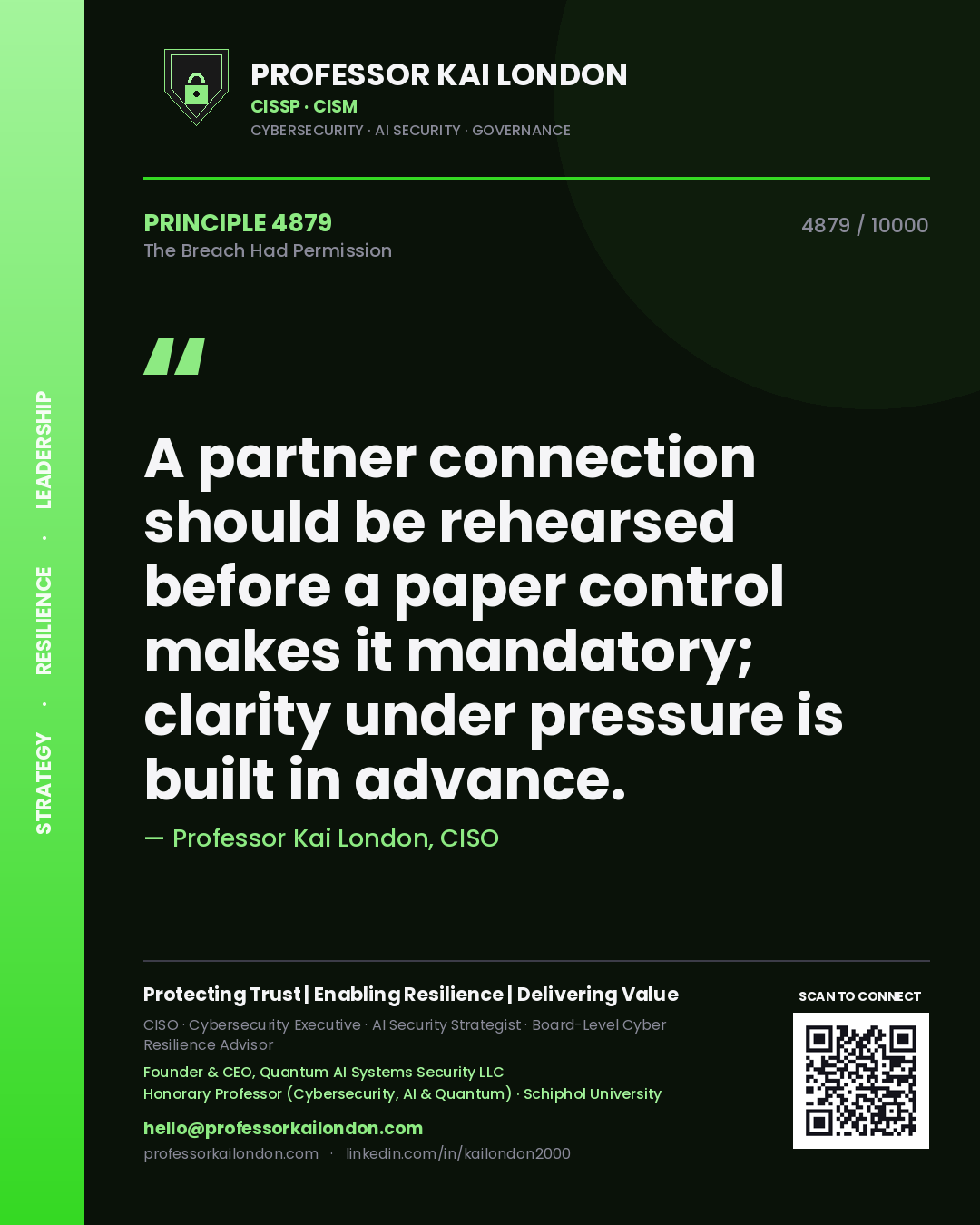 Quote card by Professor Kai London reading 'A partner connection should be rehearsed before a paper control makes it mandatory; clarity under pressure is built in advance.'. From the book The Breach Had Permission.
