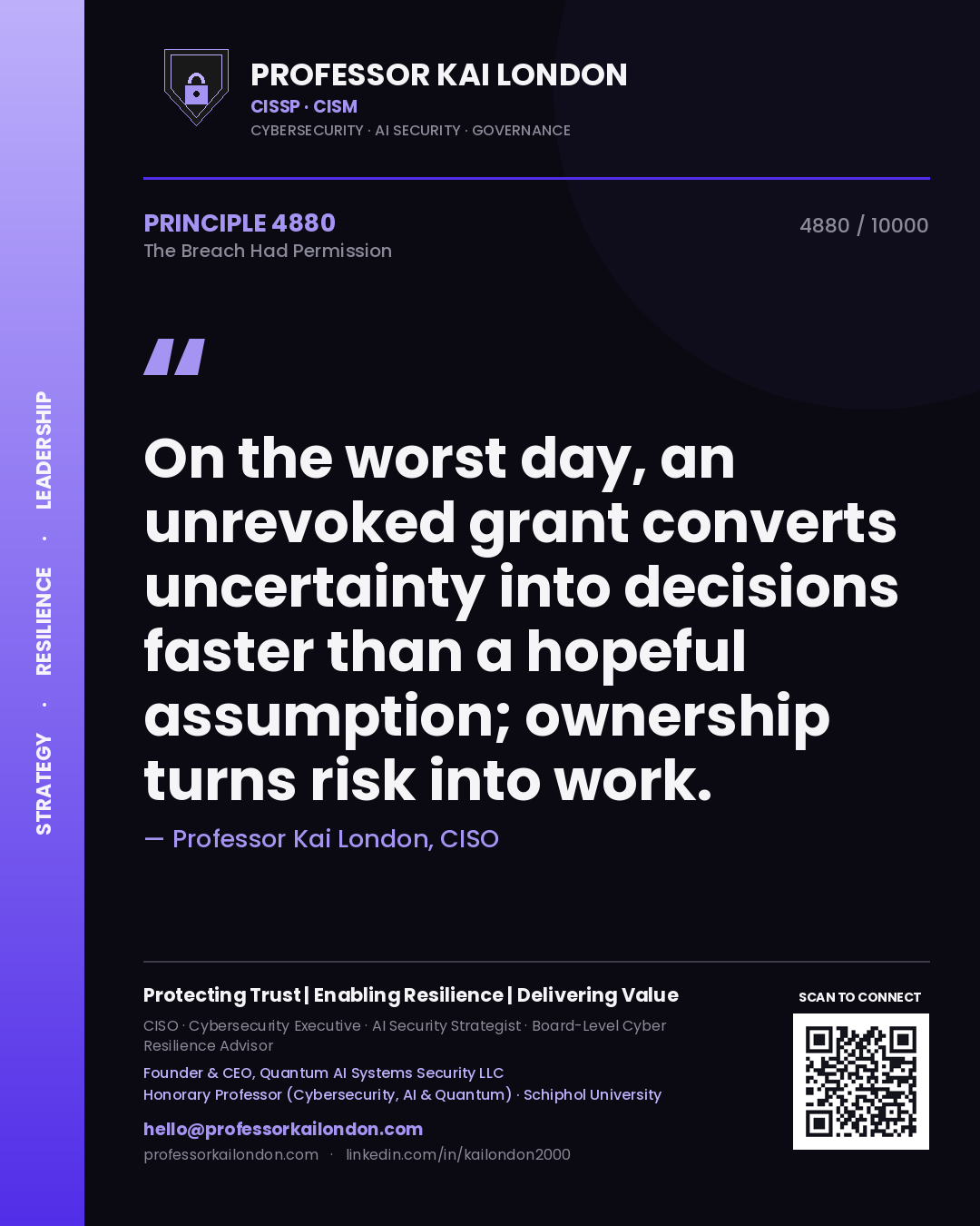 Quote card by Professor Kai London reading 'On the worst day, an unrevoked grant converts uncertainty into decisions faster than a hopeful assumption; ownership turns risk into work.'. From the book The Breach Had Permission.