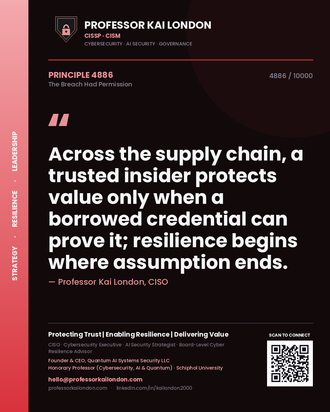 Quote card by Professor Kai London reading 'Across the supply chain, a trusted insider protects value only when a borrowed credential can prove it; resilience begins where assumption ends.'. From the book The Breach Had Permission.