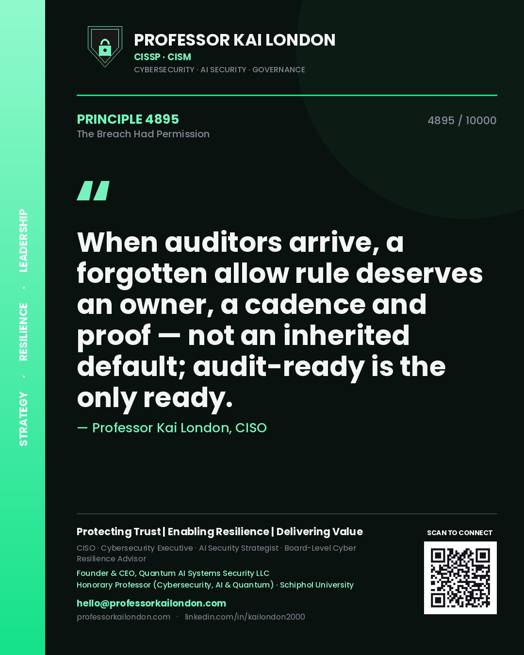 Quote card by Professor Kai London reading 'When auditors arrive, a forgotten allow rule deserves an owner, a cadence and proof — not an inherited default; audit-ready is the only ready.'. From the book The Breach Had Permission.