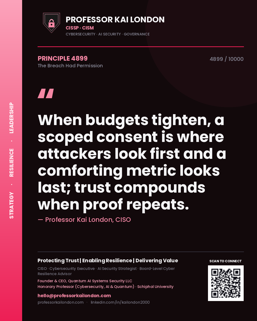 Quote card by Professor Kai London reading 'When budgets tighten, a scoped consent is where attackers look first and a comforting metric looks last; trust compounds when proof repeats.'. From the book The Breach Had Permission.
