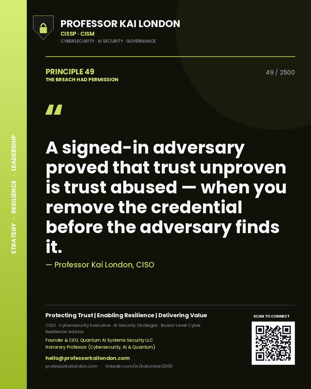 Professor Kai London principle 49: A signed-in adversary proved that trust unproven is trust abused — when you remove the credential before the adversary finds it.