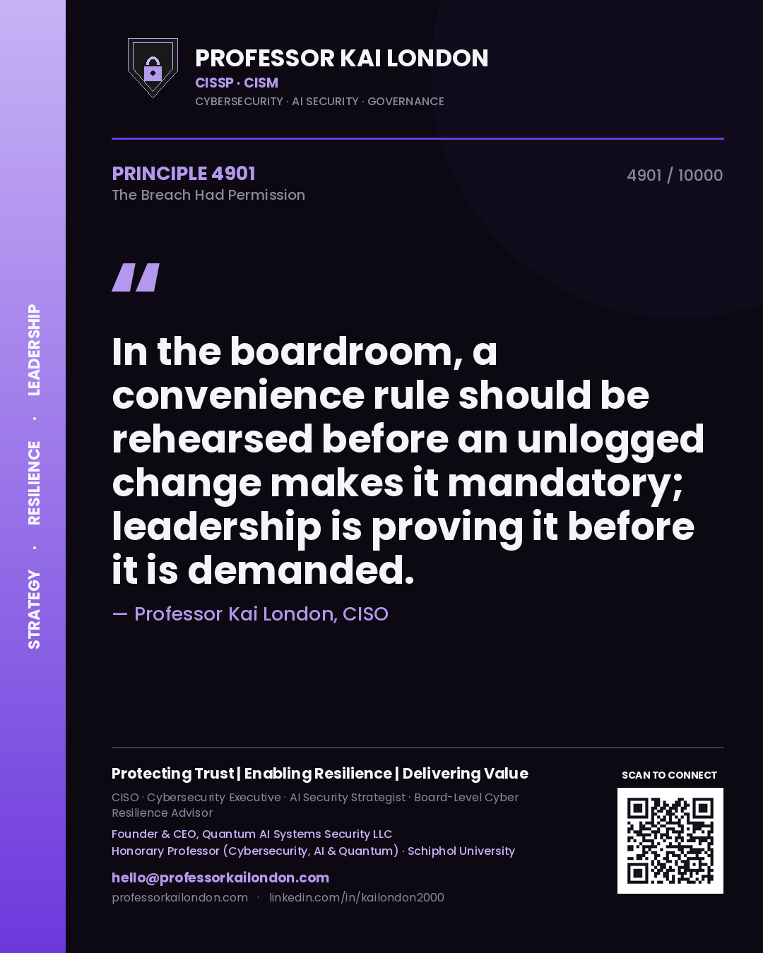 Professor Kai London principle 4901: In the boardroom, a convenience rule should be rehearsed before an unlogged change makes it mandatory; leadership is proving it before it is demanded.