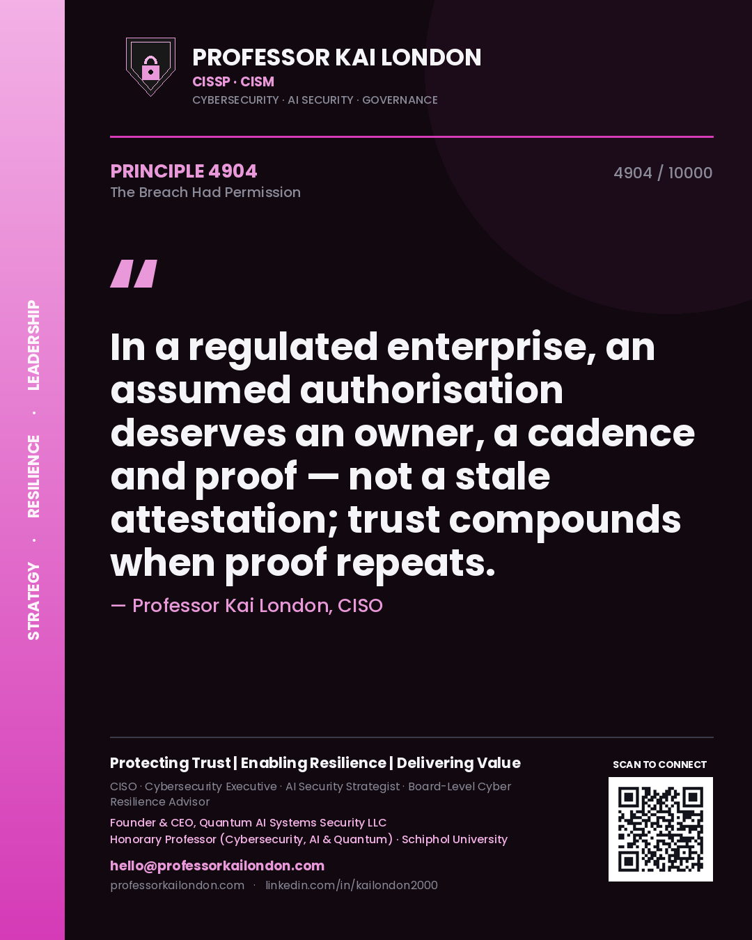 Professor Kai London principle 4904: In a regulated enterprise, an assumed authorisation deserves an owner, a cadence and proof — not a stale attestation; trust compounds when proof repeats.
