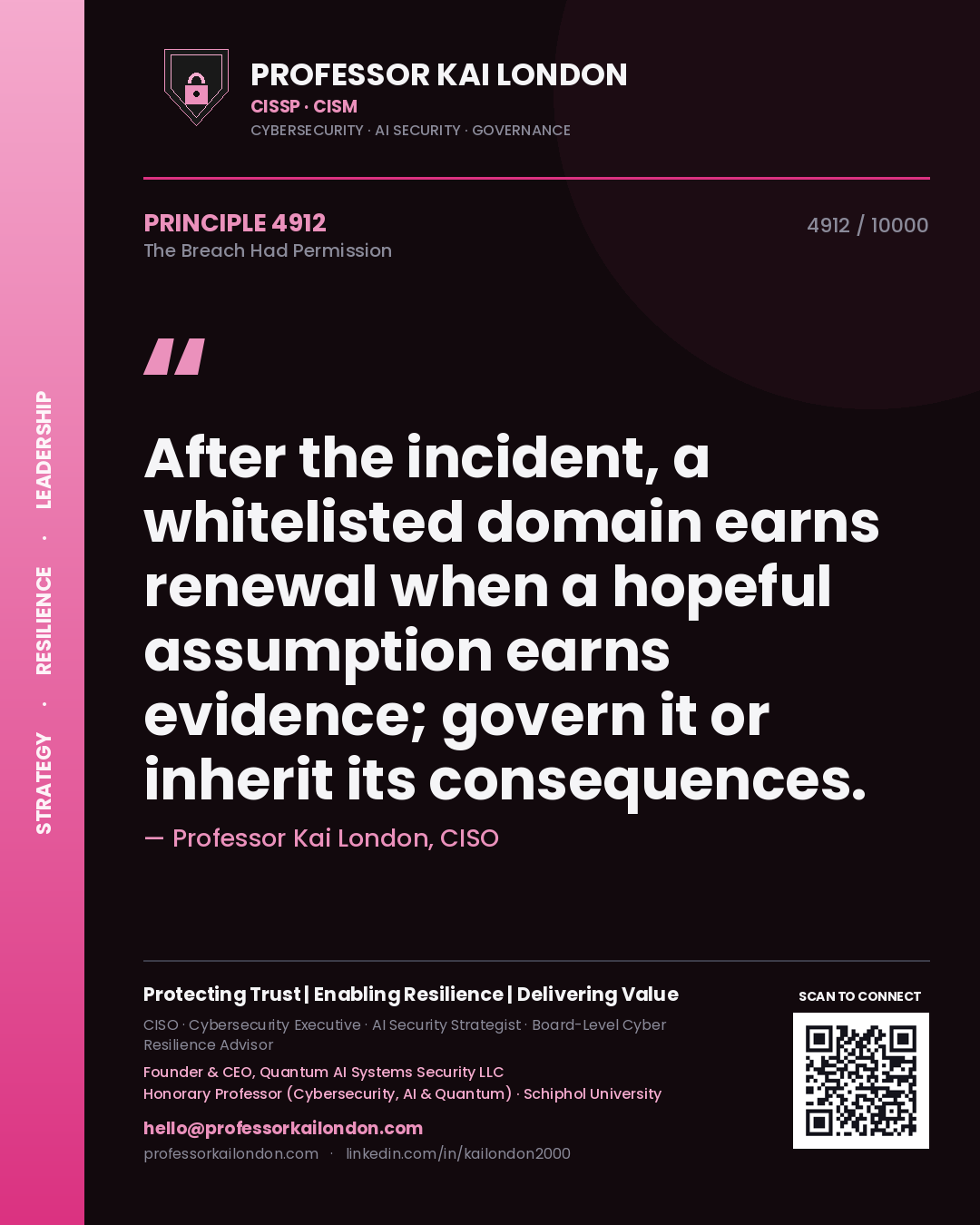 Professor Kai London principle 4912: After the incident, a whitelisted domain earns renewal when a hopeful assumption earns evidence; govern it or inherit its consequences.