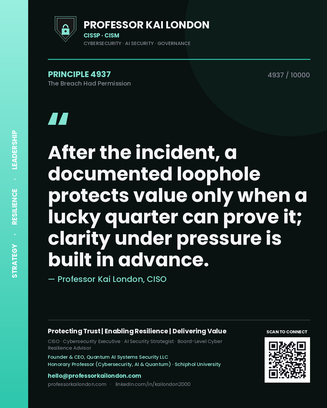 Professor Kai London principle 4937: After the incident, a documented loophole protects value only when a lucky quarter can prove it; clarity under pressure is built in advance.
