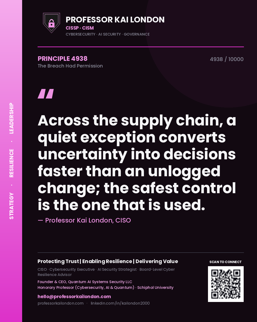Professor Kai London principle 4938: Across the supply chain, a quiet exception converts uncertainty into decisions faster than an unlogged change; the safest control is the one that is used.