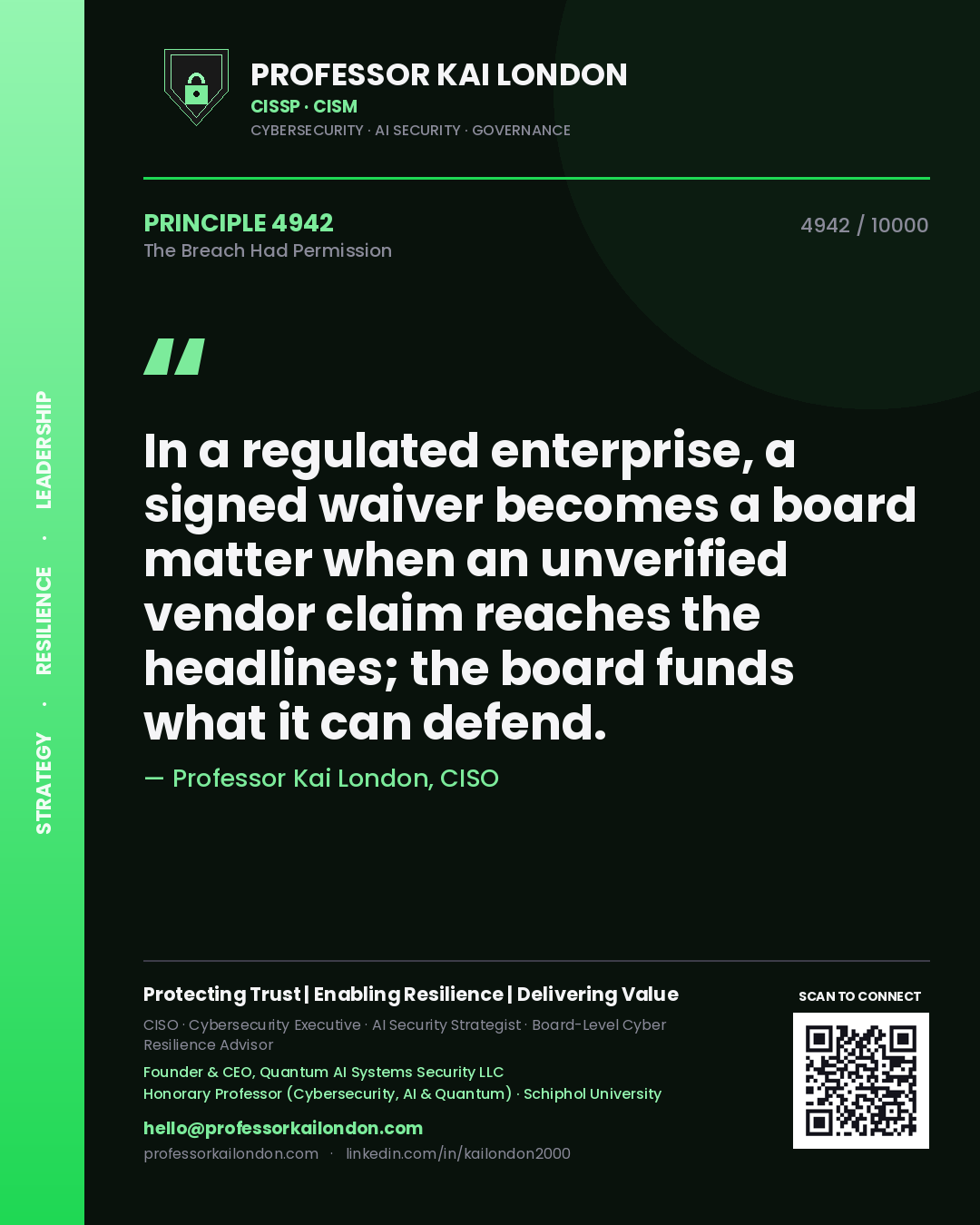 Professor Kai London principle 4942: In a regulated enterprise, a signed waiver becomes a board matter when an unverified vendor claim reaches the headlines; the board funds what it can defend.