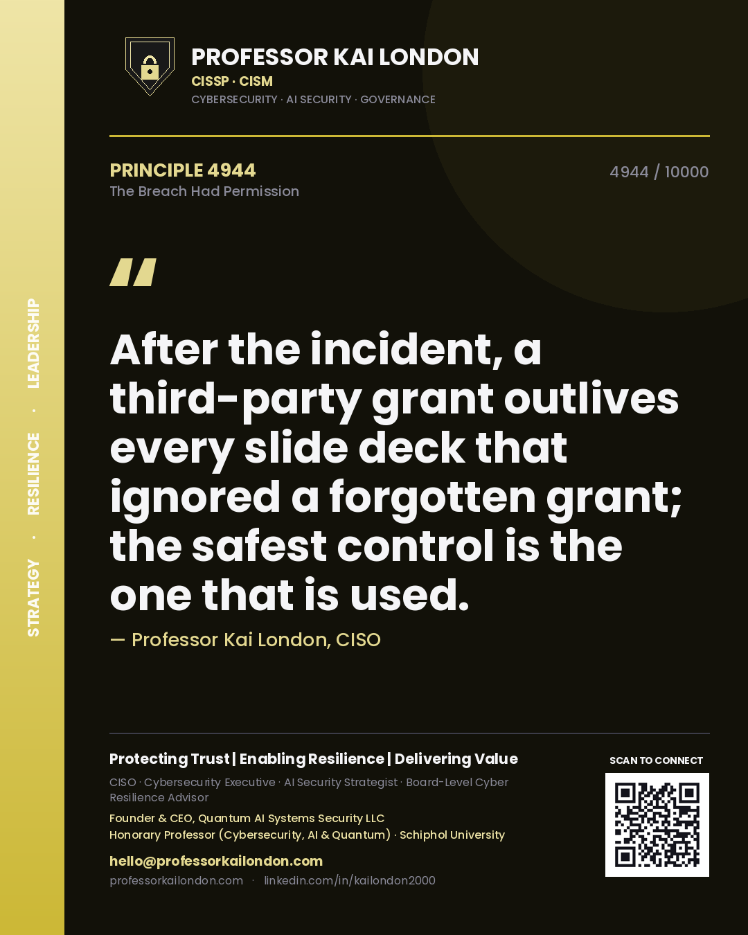 Quote card by Professor Kai London reading 'After the incident, a third-party grant outlives every slide deck that ignored a forgotten grant; the safest control is the one that is used.'. From the book The Breach Had Permission.