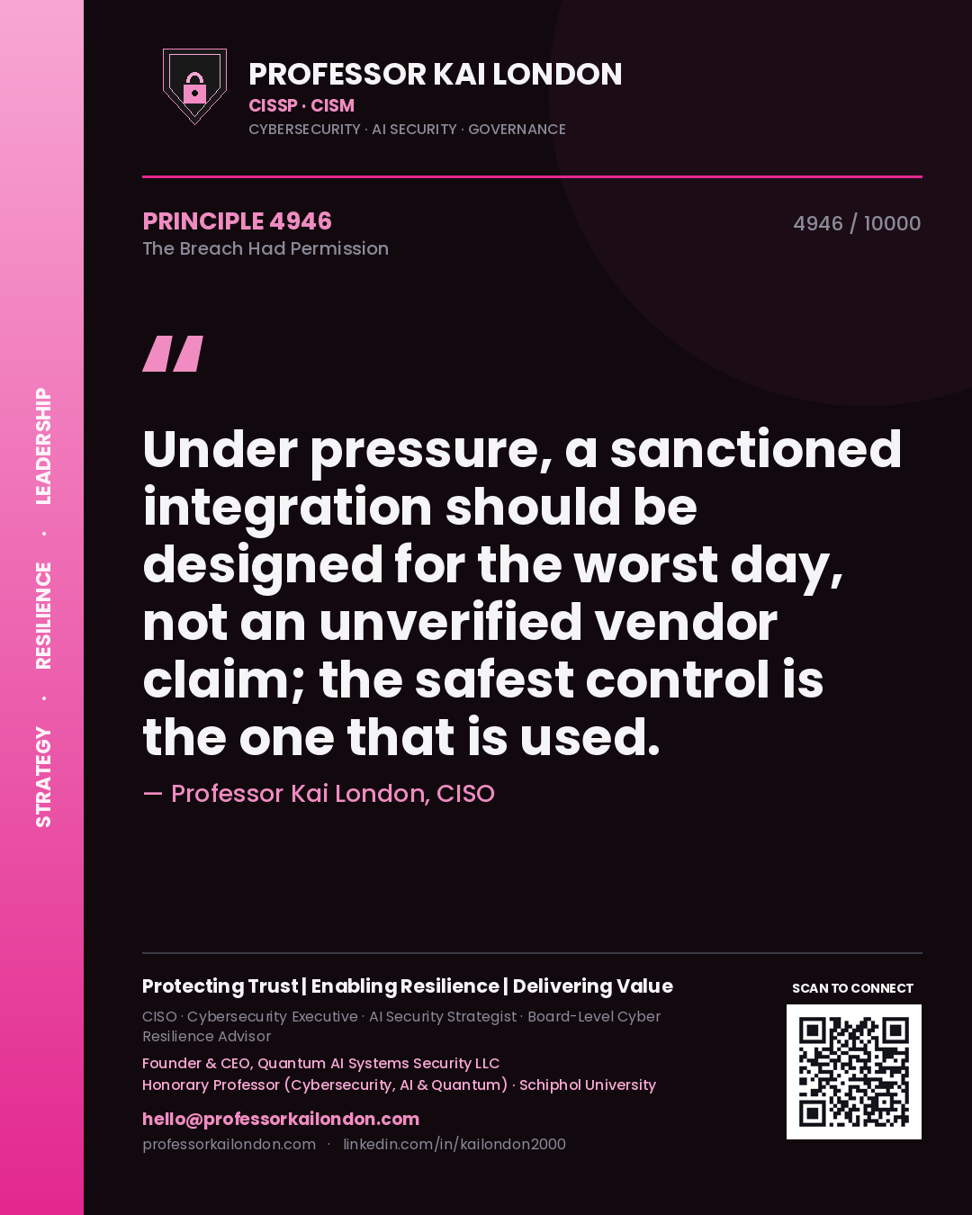 Professor Kai London principle 4946: Under pressure, a sanctioned integration should be designed for the worst day, not an unverified vendor claim; the safest control is the one that is used.