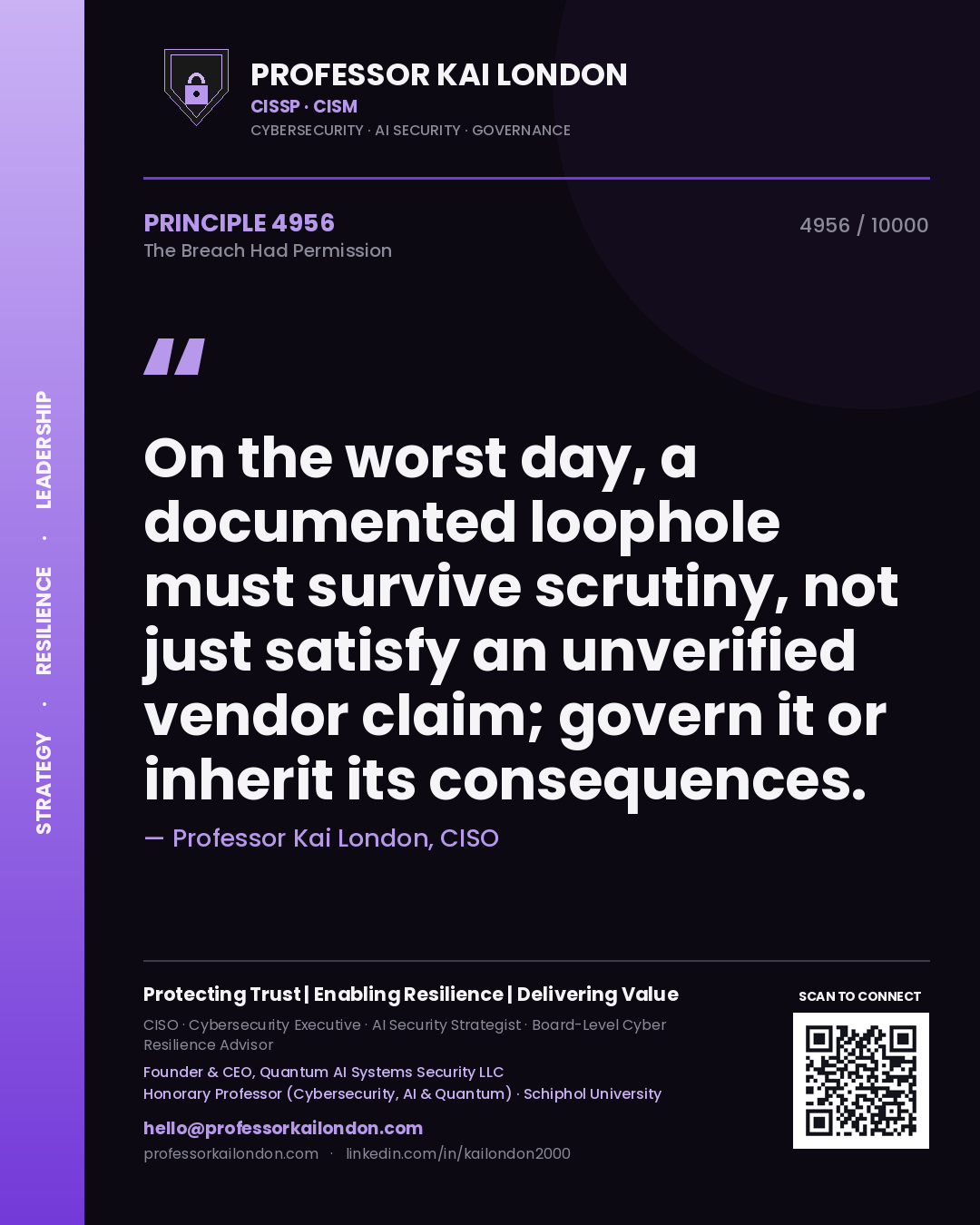 Professor Kai London principle 4956: On the worst day, a documented loophole must survive scrutiny, not just satisfy an unverified vendor claim; govern it or inherit its consequences.