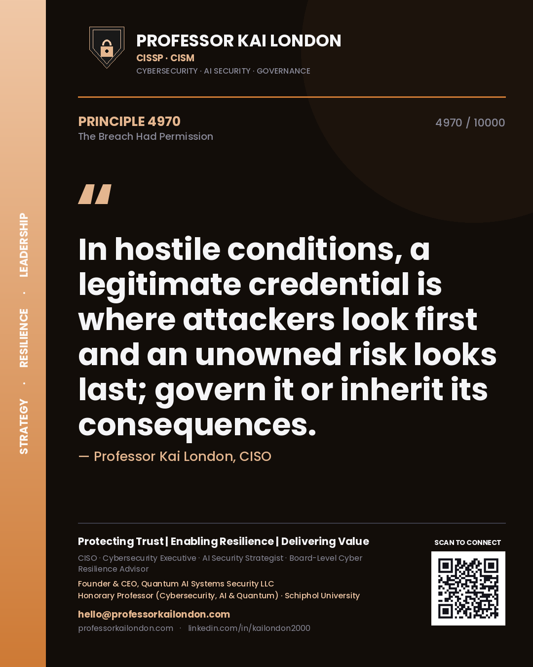 Professor Kai London principle 4970: In hostile conditions, a legitimate credential is where attackers look first and an unowned risk looks last; govern it or inherit its consequences.