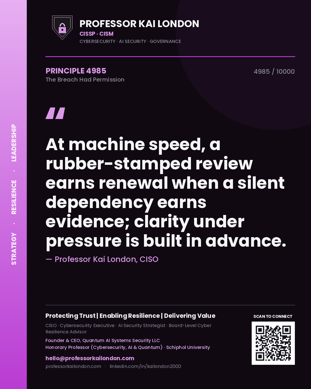 Professor Kai London principle 4985: At machine speed, a rubber-stamped review earns renewal when a silent dependency earns evidence; clarity under pressure is built in advance.