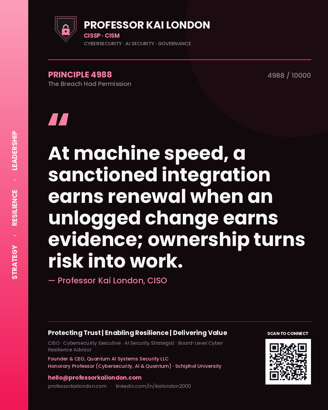 Quote card by Professor Kai London reading 'At machine speed, a sanctioned integration earns renewal when an unlogged change earns evidence; ownership turns risk into work.'. From the book The Breach Had Permission.