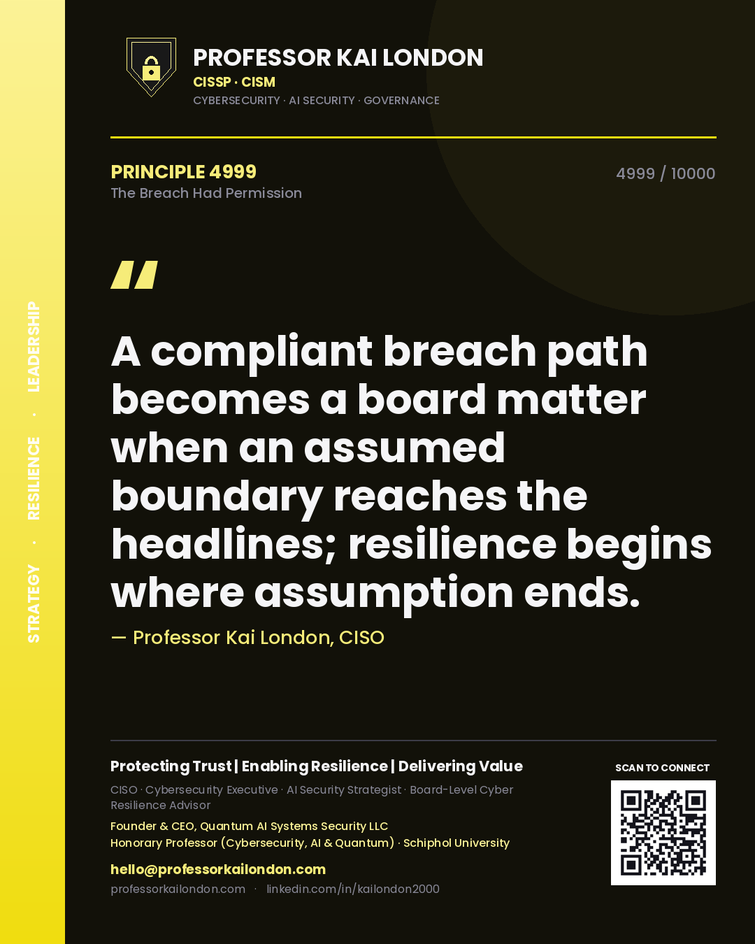 Professor Kai London principle 4999: A compliant breach path becomes a board matter when an assumed boundary reaches the headlines; resilience begins where assumption ends.