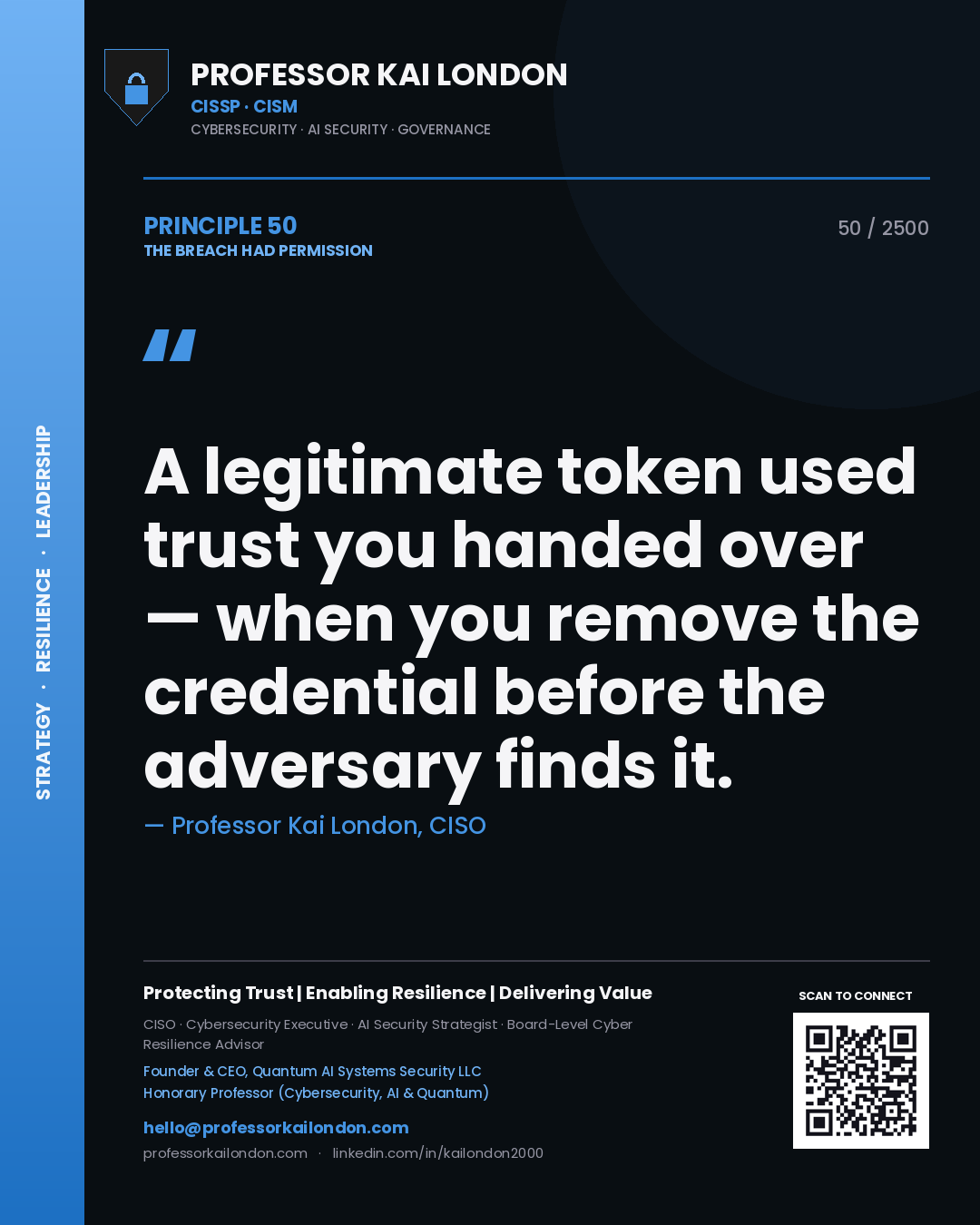 Quote card by Professor Kai London reading 'A legitimate token used trust you handed over — when you remove the credential before the adversary finds it.'. From the book The Breach Had Permission.