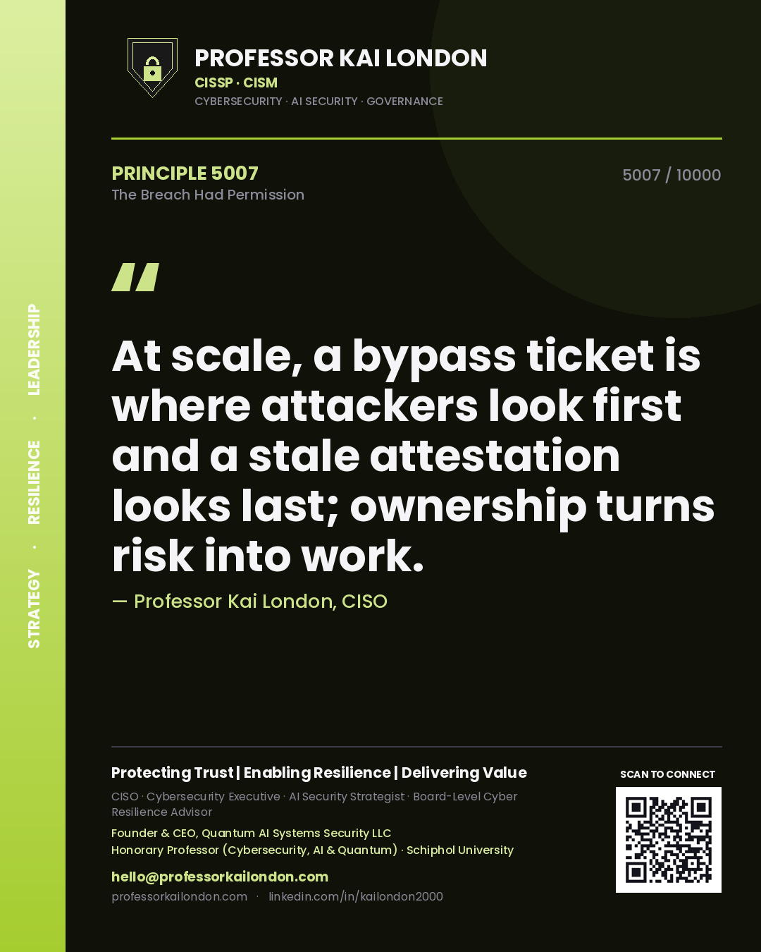 Professor Kai London principle 5007: At scale, a bypass ticket is where attackers look first and a stale attestation looks last; ownership turns risk into work.