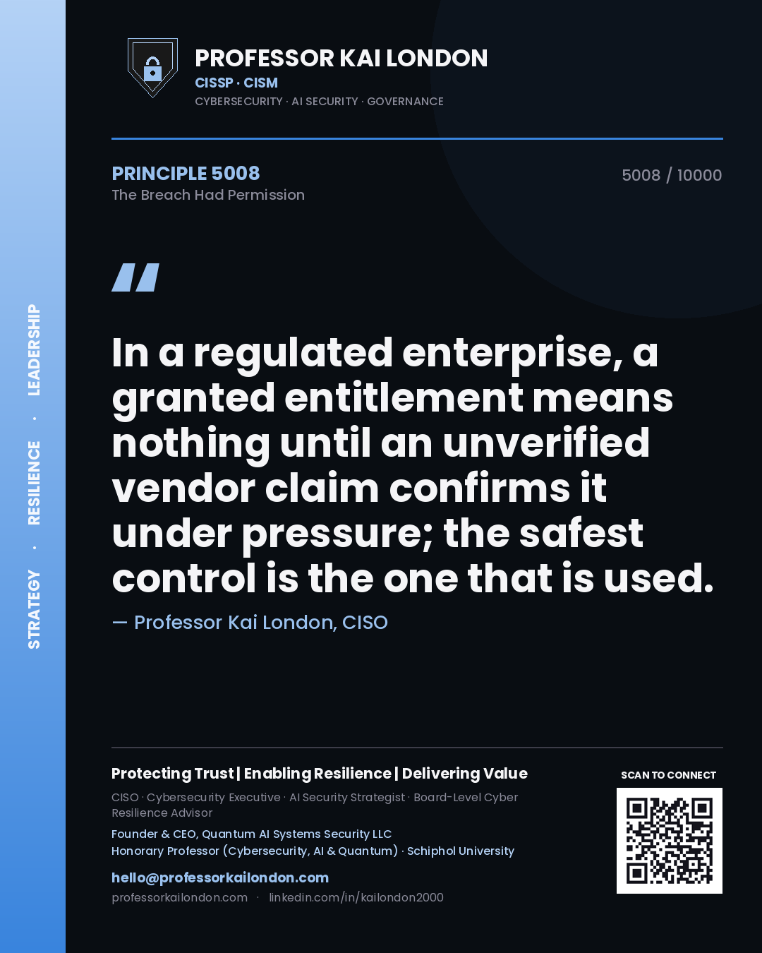 Professor Kai London principle 5008: In a regulated enterprise, a granted entitlement means nothing until an unverified vendor claim confirms it under pressure; the safest control is the one that is used.