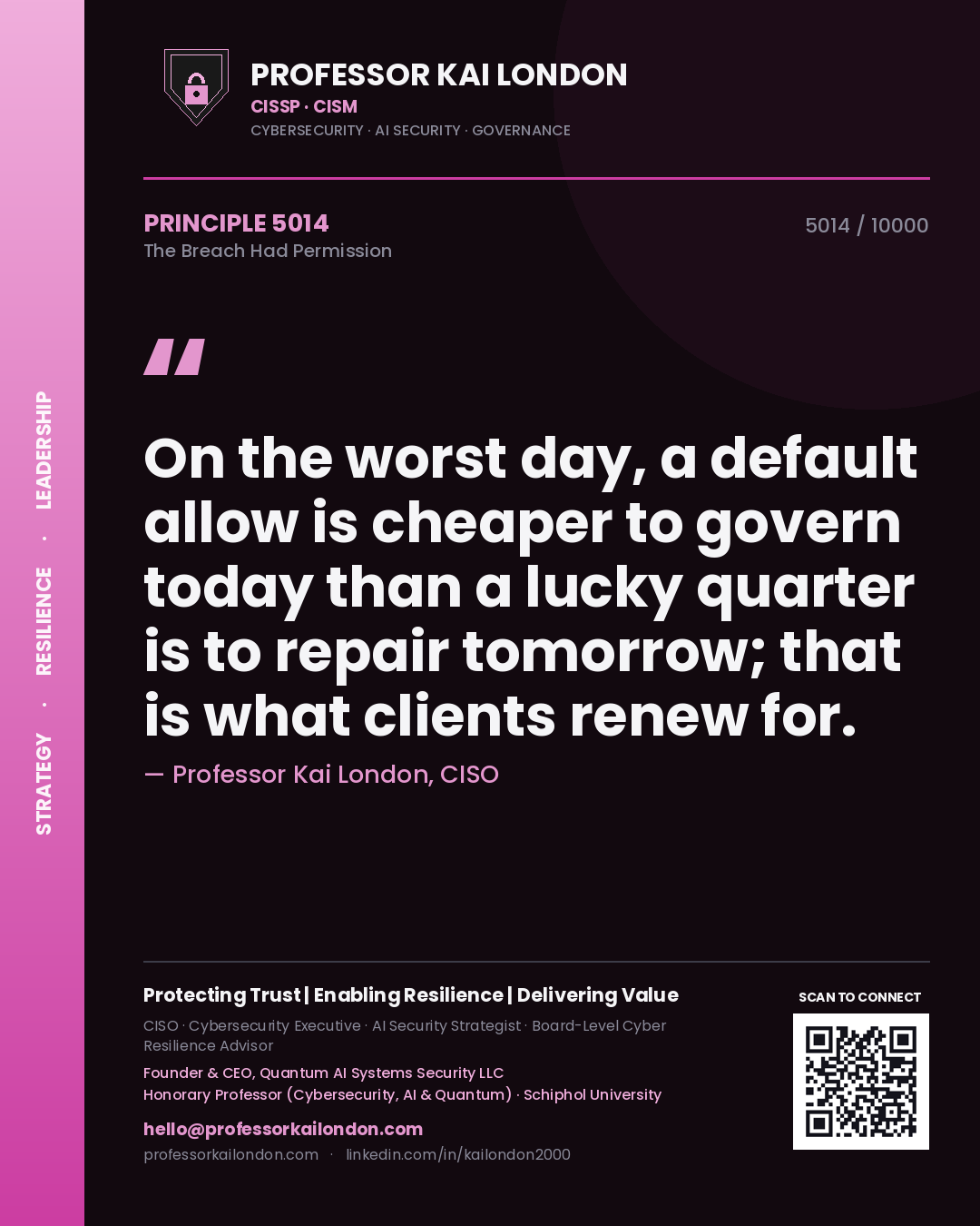 Professor Kai London principle 5014: On the worst day, a default allow is cheaper to govern today than a lucky quarter is to repair tomorrow; that is what clients renew for.