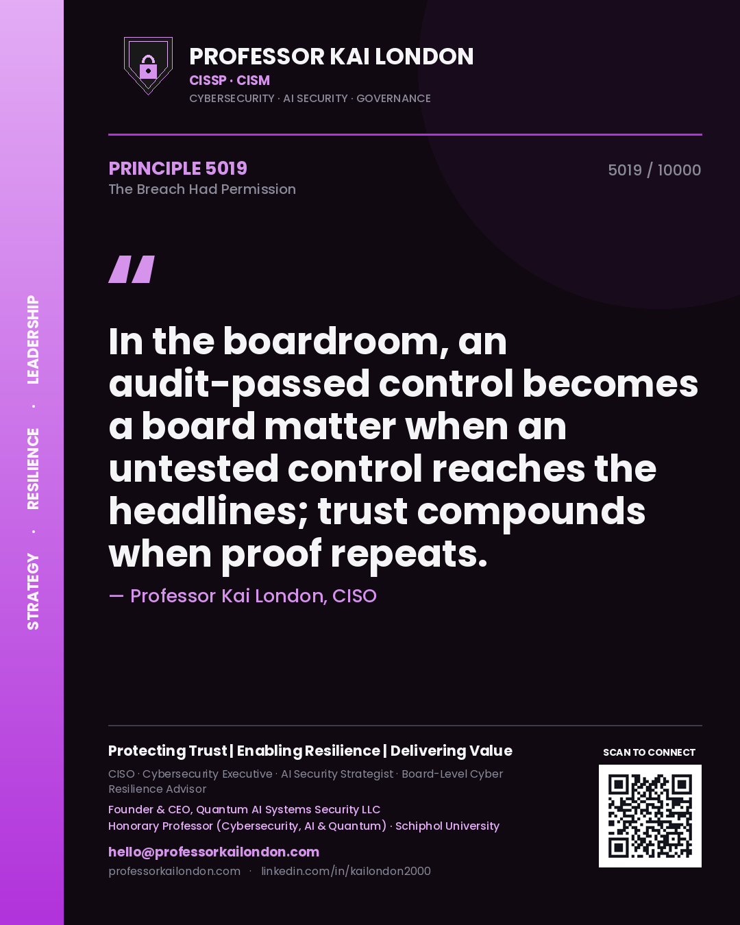 Quote card by Professor Kai London reading 'In the boardroom, an audit-passed control becomes a board matter when an untested control reaches the headlines; trust compounds when proof repeats.'. From the book The Breach Had Permission.