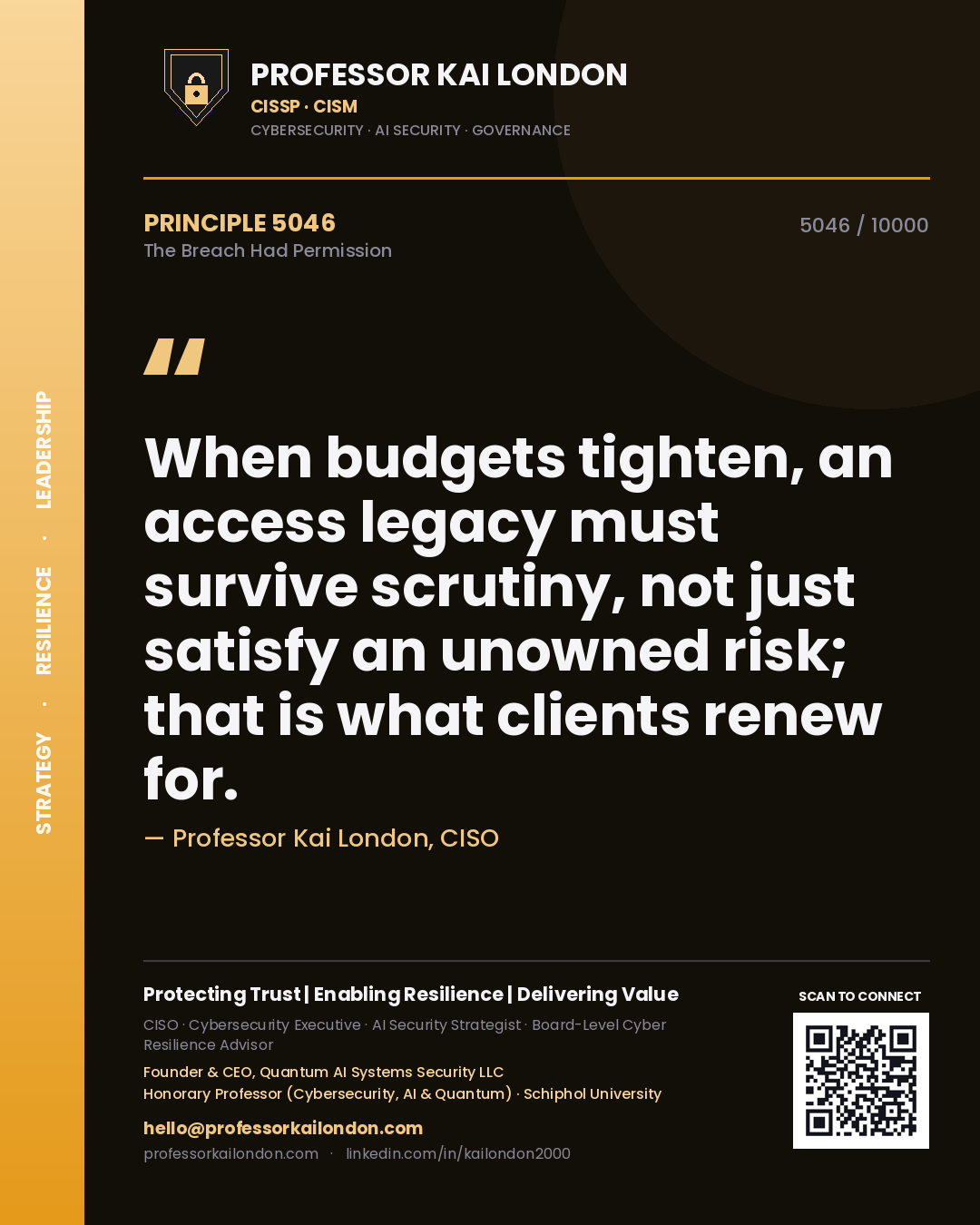 Quote card by Professor Kai London reading 'When budgets tighten, an access legacy must survive scrutiny, not just satisfy an unowned risk; that is what clients renew for.'. From the book The Breach Had Permission.