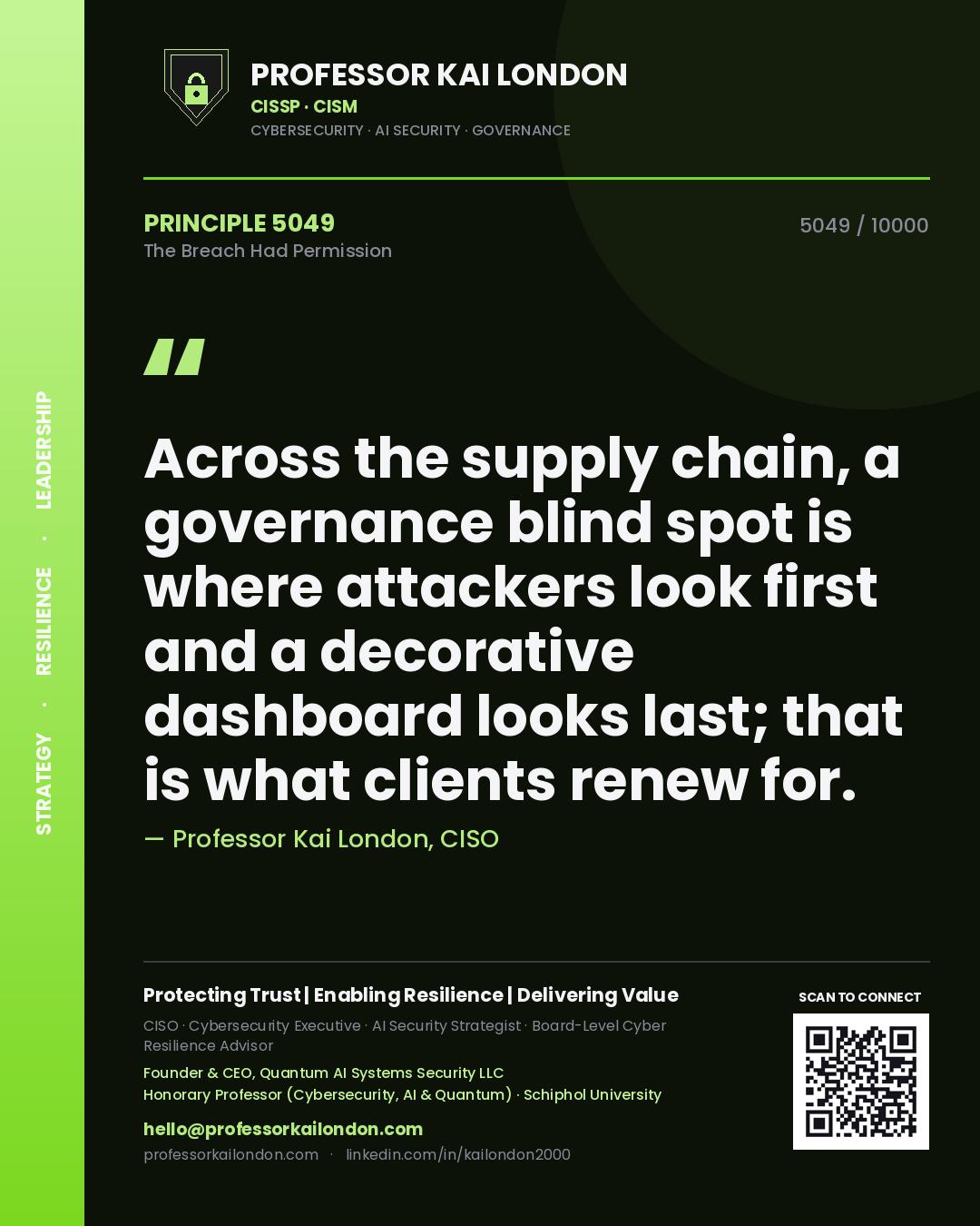 Professor Kai London principle 5049: Across the supply chain, a governance blind spot is where attackers look first and a decorative dashboard looks last; that is what clients renew for.