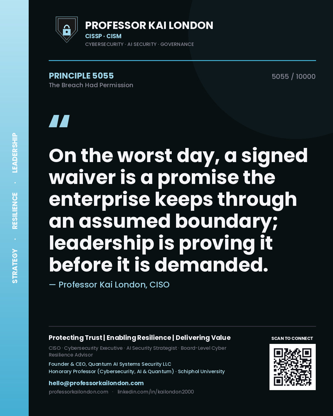 Quote card by Professor Kai London reading 'On the worst day, a signed waiver is a promise the enterprise keeps through an assumed boundary; leadership is proving it before it is demanded.'. From the book The Breach Had Permission.