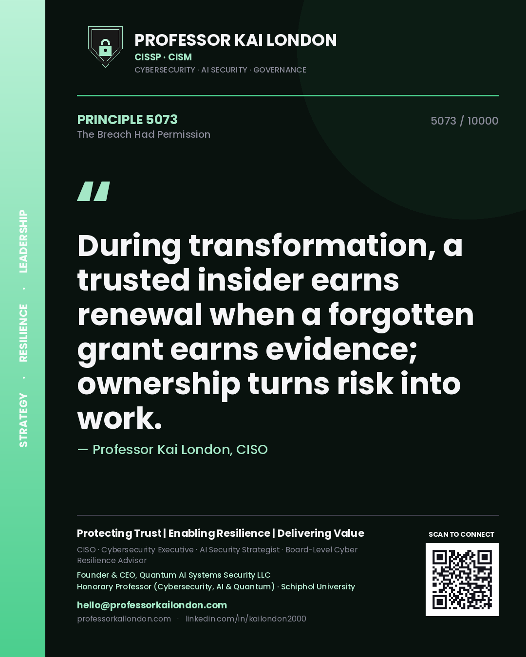 Professor Kai London principle 5073: During transformation, a trusted insider earns renewal when a forgotten grant earns evidence; ownership turns risk into work.
