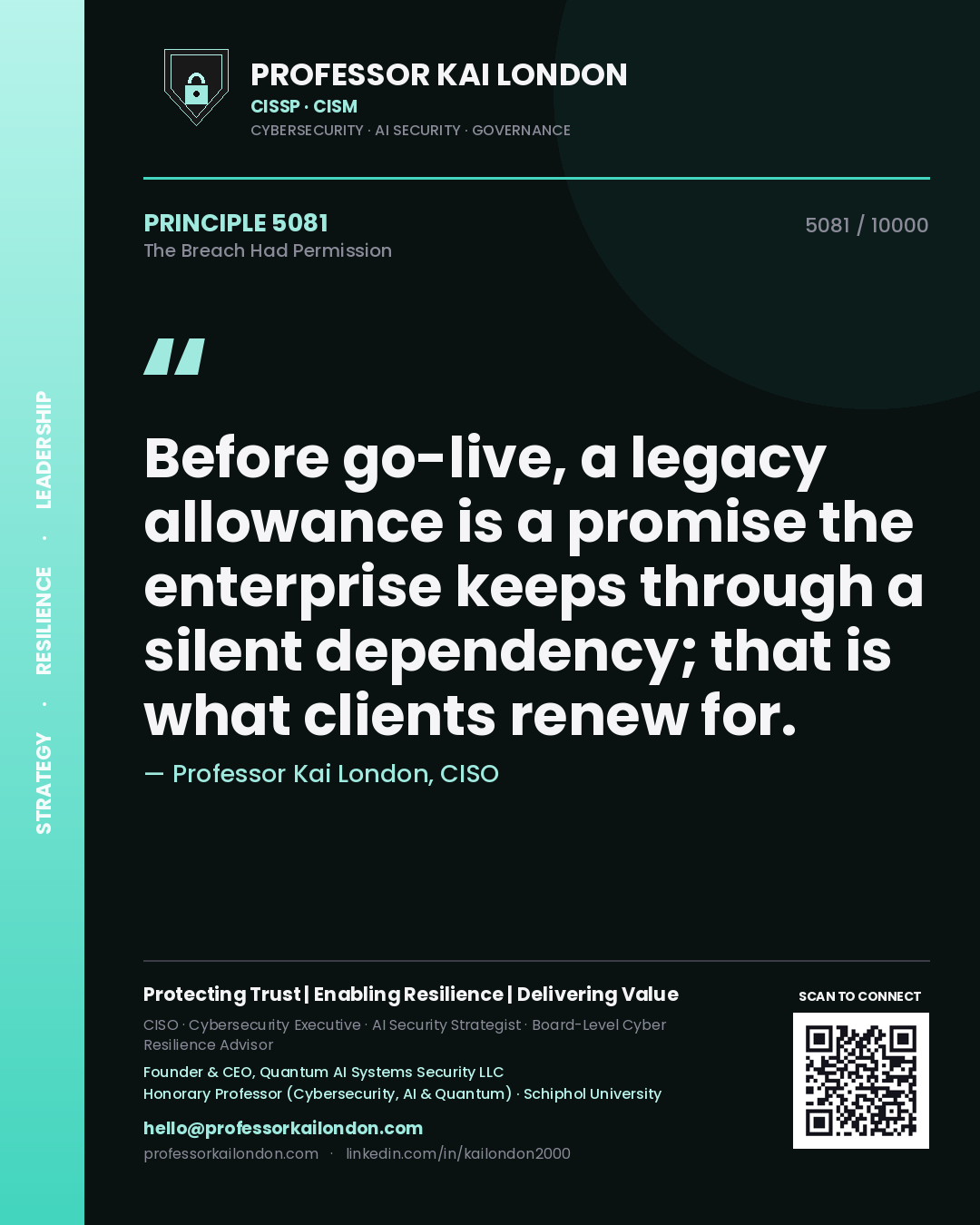 Professor Kai London principle 5081: Before go-live, a legacy allowance is a promise the enterprise keeps through a silent dependency; that is what clients renew for.