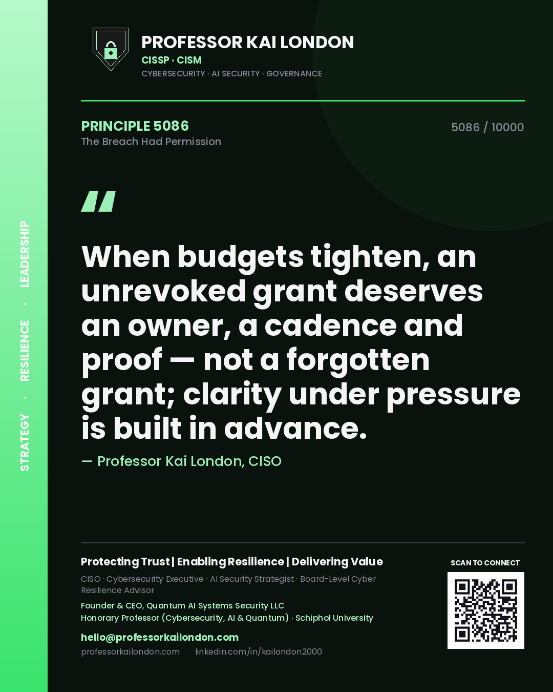Professor Kai London principle 5086: When budgets tighten, an unrevoked grant deserves an owner, a cadence and proof — not a forgotten grant; clarity under pressure is built in advance.