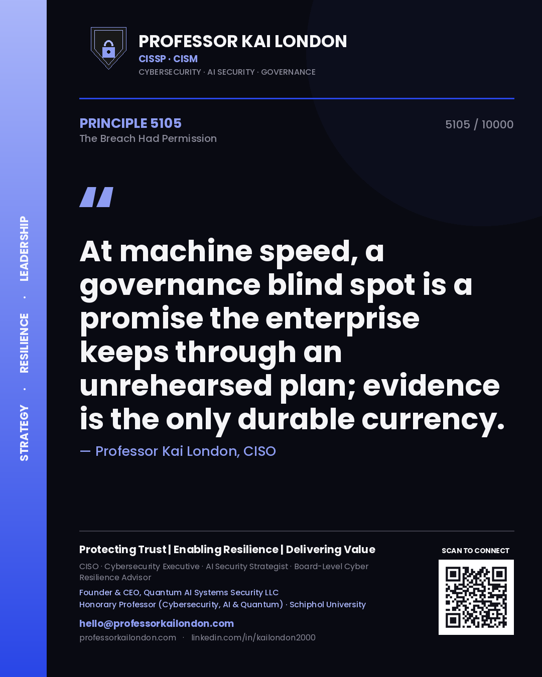 Quote card by Professor Kai London reading 'At machine speed, a governance blind spot is a promise the enterprise keeps through an unrehearsed plan; evidence is the only durable currency.'. From the book The Breach Had Permission.