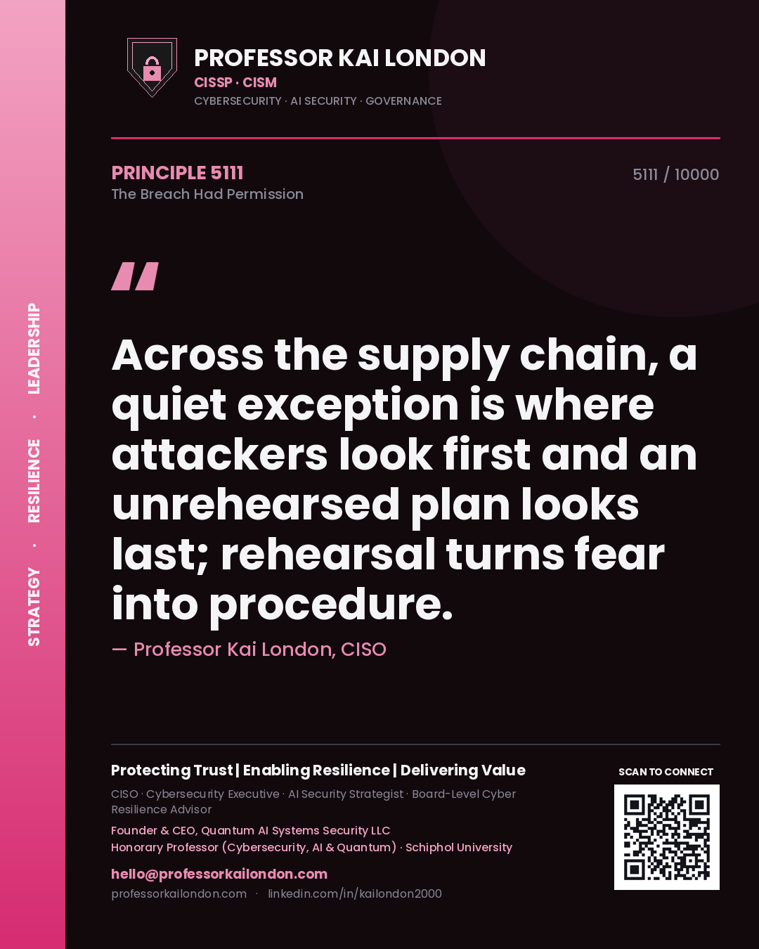 Professor Kai London principle 5111: Across the supply chain, a quiet exception is where attackers look first and an unrehearsed plan looks last; rehearsal turns fear into procedure.