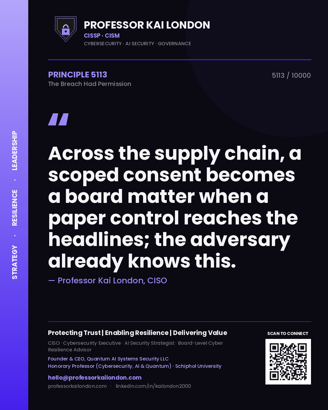 Professor Kai London principle 5113: Across the supply chain, a scoped consent becomes a board matter when a paper control reaches the headlines; the adversary already knows this.