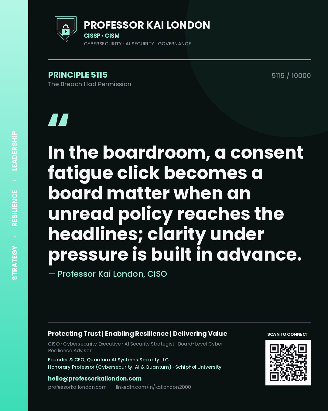 Professor Kai London principle 5115: In the boardroom, a consent fatigue click becomes a board matter when an unread policy reaches the headlines; clarity under pressure is built in advance.