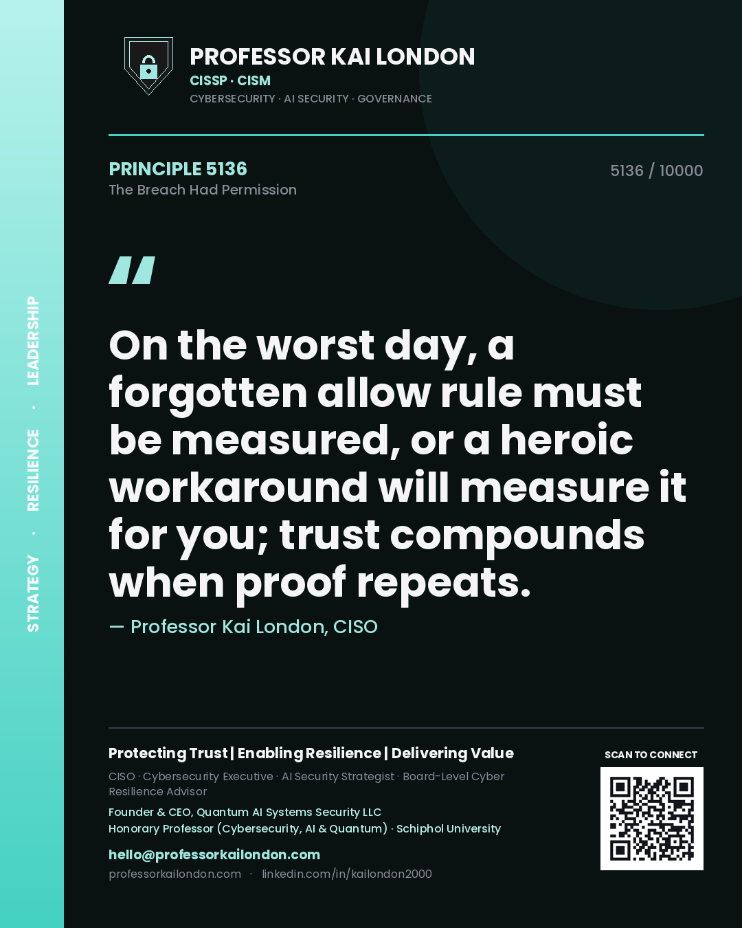 Professor Kai London principle 5136: On the worst day, a forgotten allow rule must be measured, or a heroic workaround will measure it for you; trust compounds when proof repeats.