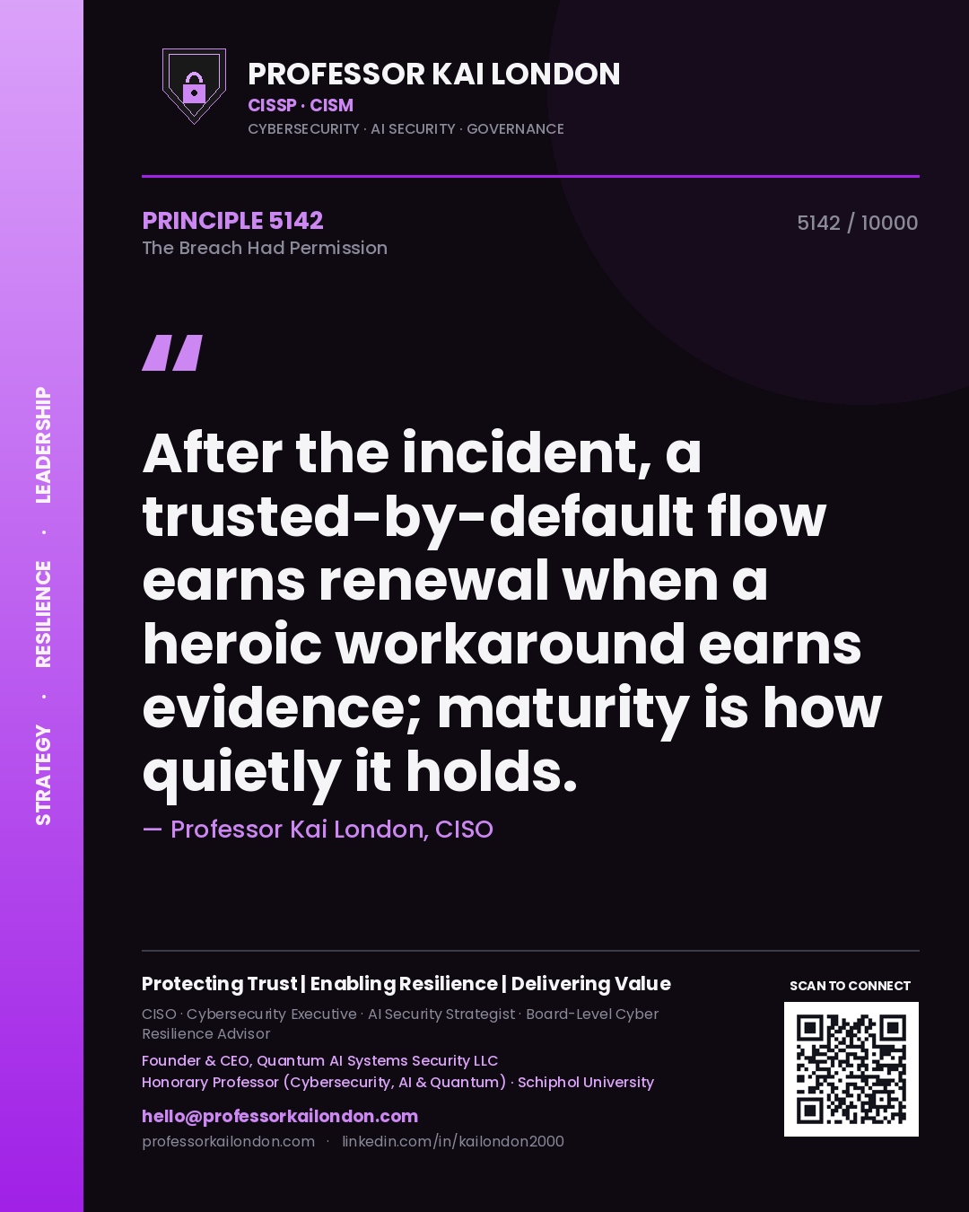 Quote card by Professor Kai London reading 'After the incident, a trusted-by-default flow earns renewal when a heroic workaround earns evidence; maturity is how quietly it holds.'. From the book The Breach Had Permission.