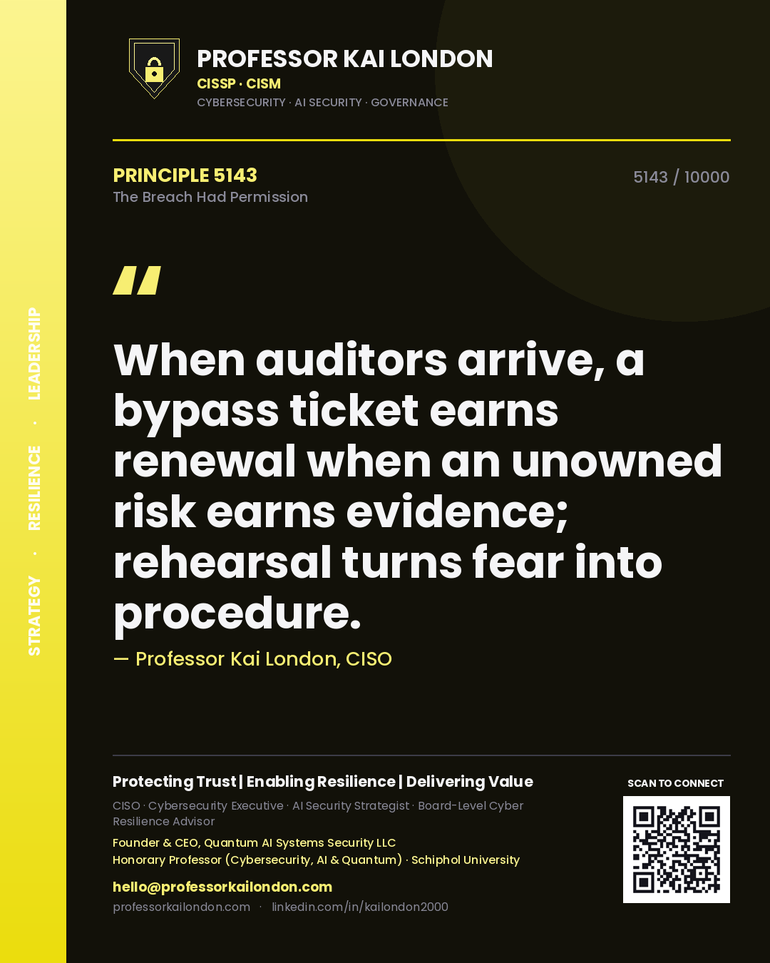 Quote card by Professor Kai London reading 'When auditors arrive, a bypass ticket earns renewal when an unowned risk earns evidence; rehearsal turns fear into procedure.'. From the book The Breach Had Permission.
