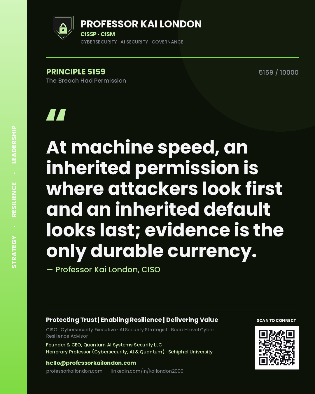 Professor Kai London principle 5159: At machine speed, an inherited permission is where attackers look first and an inherited default looks last; evidence is the only durable currency.