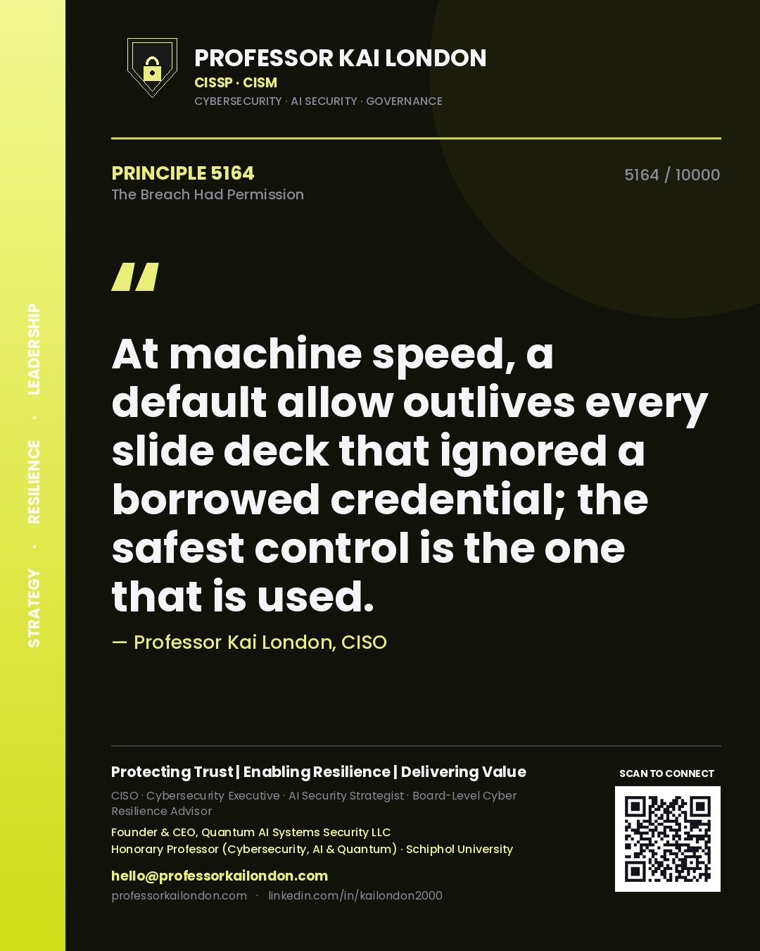 Quote card by Professor Kai London reading 'At machine speed, a default allow outlives every slide deck that ignored a borrowed credential; the safest control is the one that is used.'. From the book The Breach Had Permission.