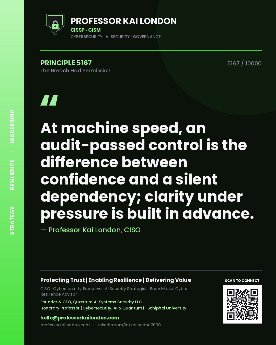 Professor Kai London principle 5167: At machine speed, an audit-passed control is the difference between confidence and a silent dependency; clarity under pressure is built in advance.